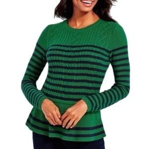 Talbots Womens Large Sweater Green W/ Navy Stripes Peplum Cotton Cashmere Blend